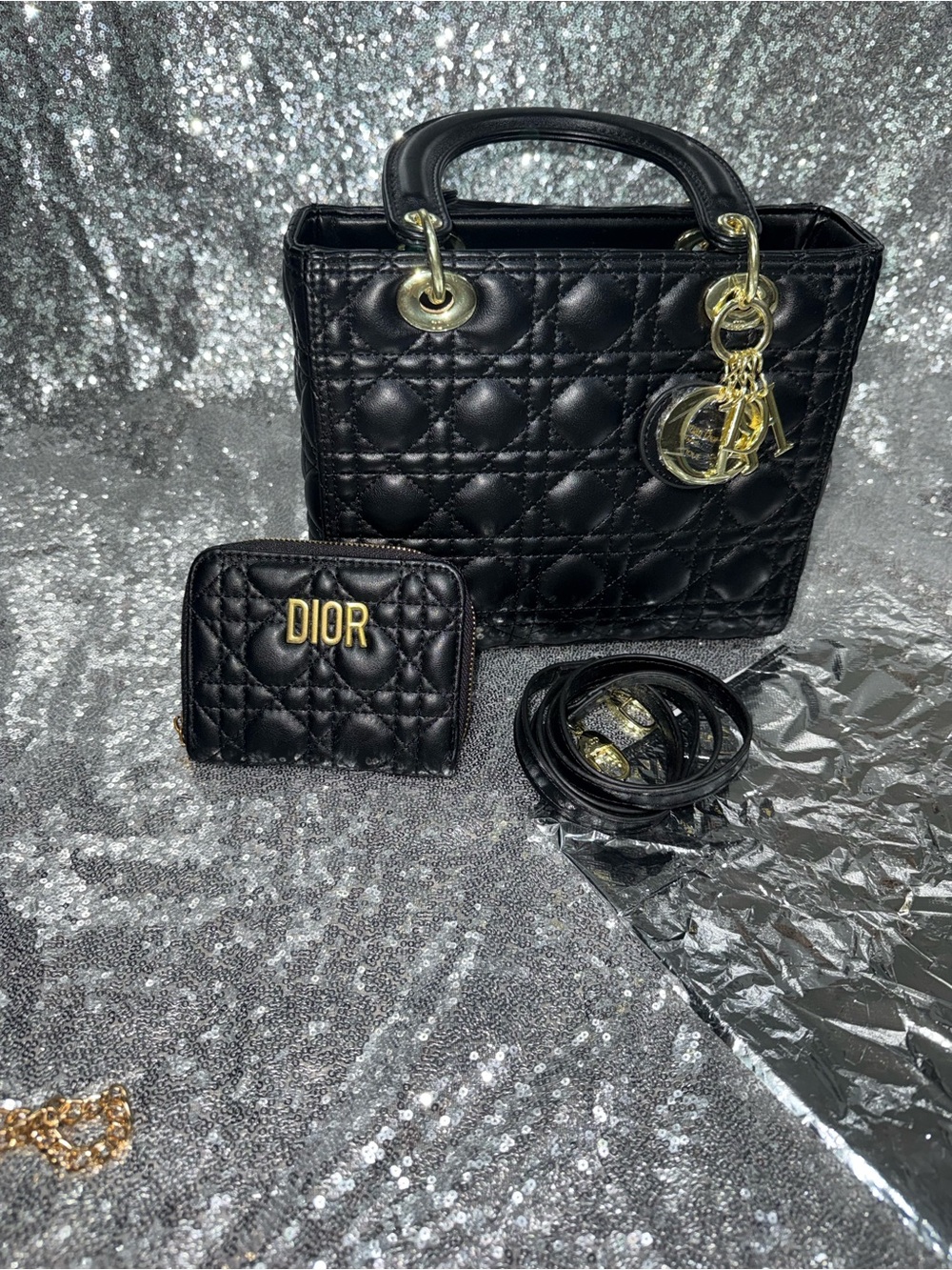 Dior Black Quilted Leather Mini Satchel with Gold Hardware and Matching Wallet